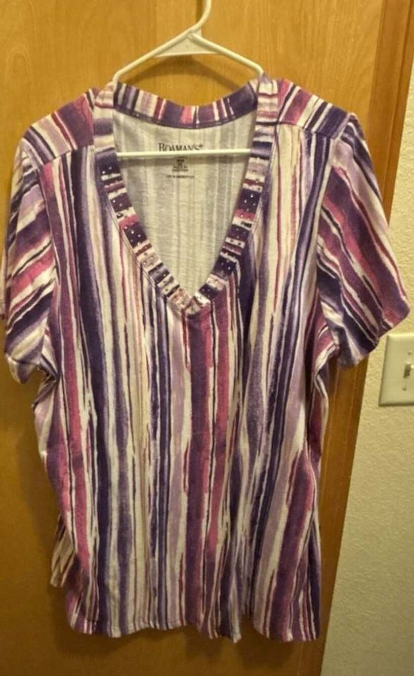 Roaman's Women's Plus Size Striped V-Neck T-Shirt with Embellished Stud Detail